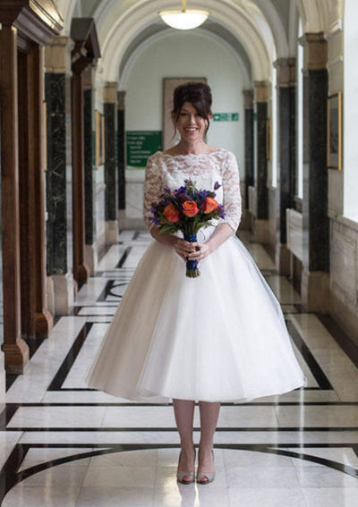 Scalloped Bateau 3/4 Sleeve Lace Tulle Ball Gown Tea Length