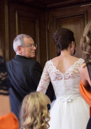 Scalloped Bateau 3/4 Sleeve Lace Tulle Ball Gown Tea Length