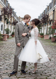 Scalloped Bateau 3/4 Sleeve Lace Tulle Ball Gown Tea Length 