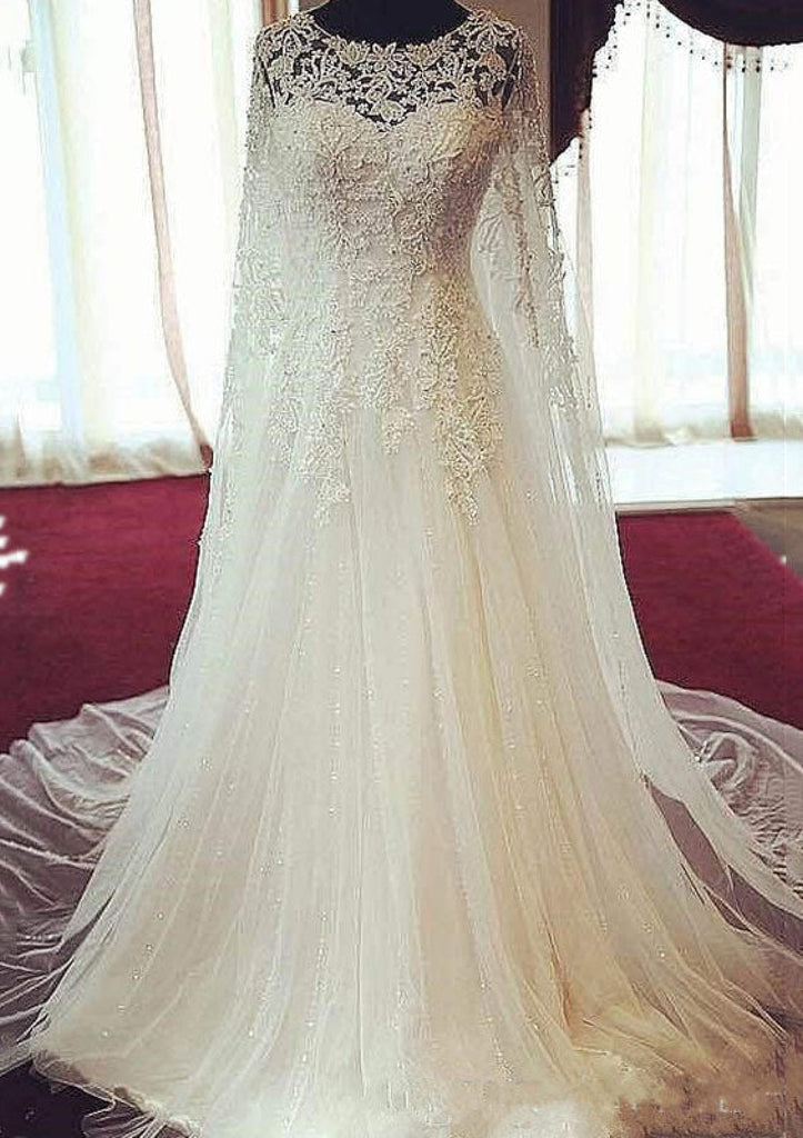 Bateau Beaded A-Line Chapel Tulle Wedding Dress with Cape