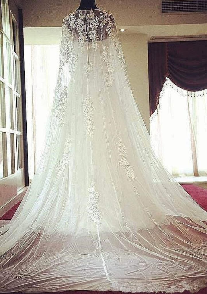 Bateau Beaded A-Line Chapel Tulle Wedding Dress with Cape