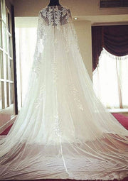Bateau Beaded A-Line Chapel Tulle Wedding Dress with Cape