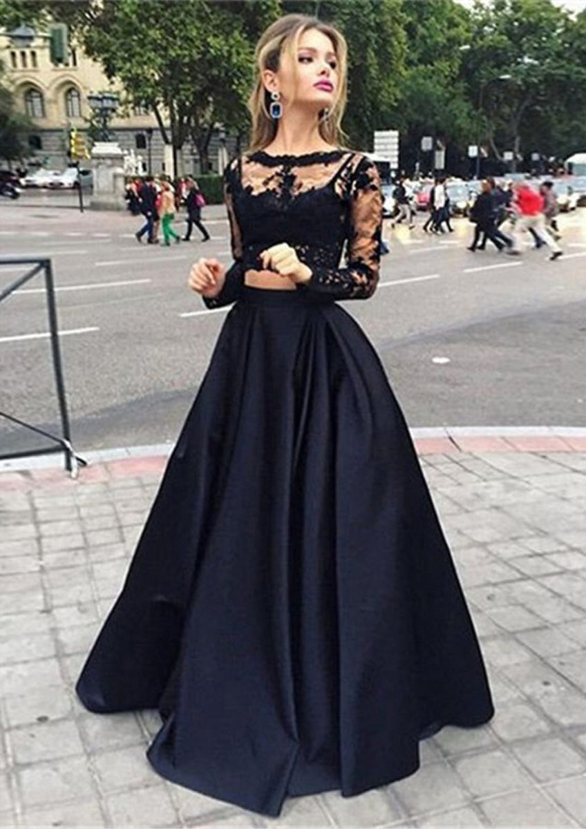 Bateau Crop Tops Long Satin A-Line Skirt 2 Piece Set Black Prom Dress Bateau Crop Tops Long Satin A-Line Skirt 2 Piece Set Black Prom Dress