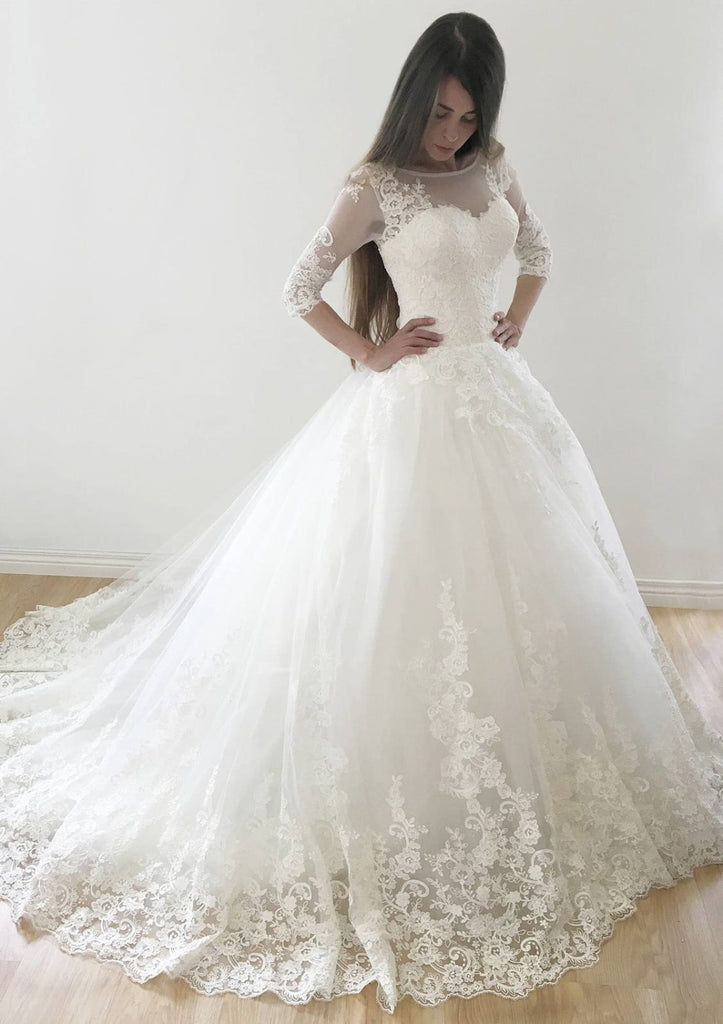 Bateau Half Sleeve Ball Gown Court Appliqued Lace Tulle