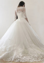 Bateau Half Sleeve Ball Gown Court Appliqued Lace Tulle 