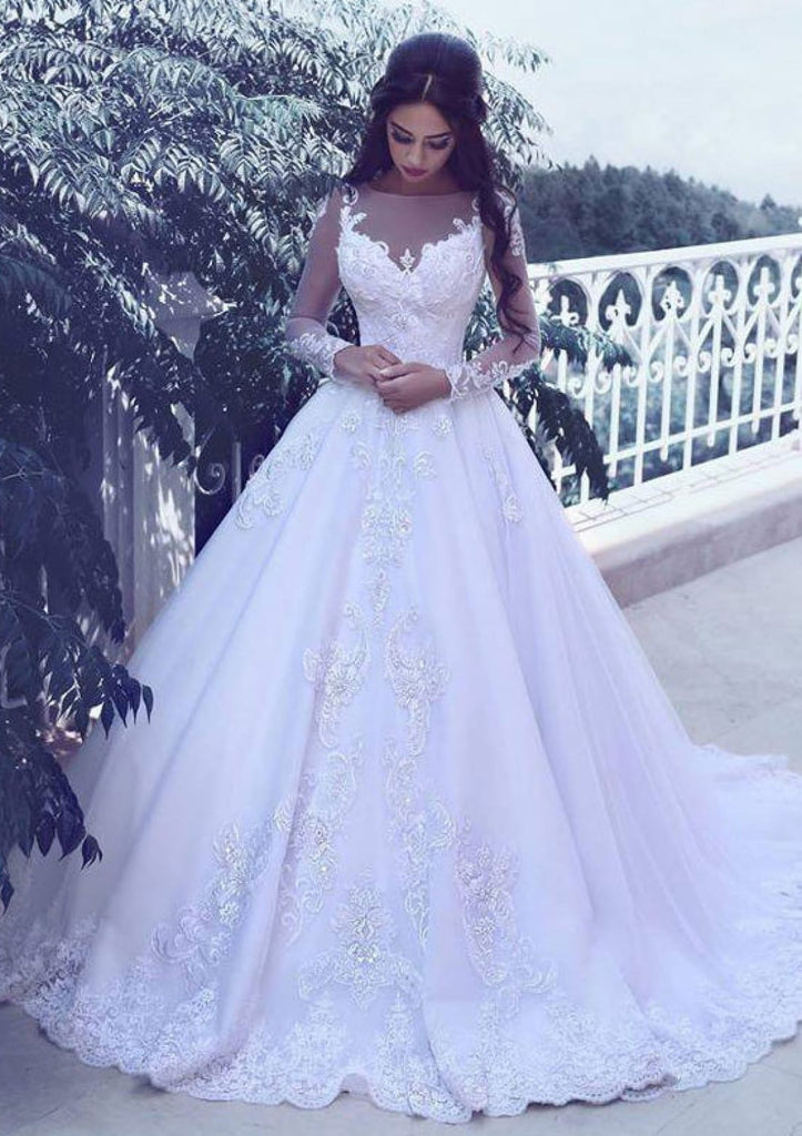 Bateau Illusion Long Sleeve Lace Court Princess Bridal