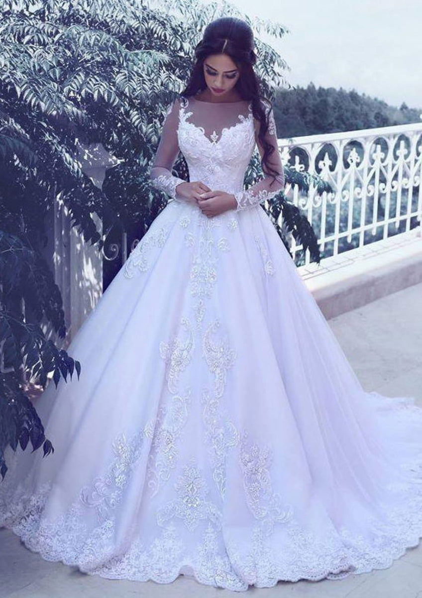 Bateau Illusion Long Sleeve Lace Court Princess Bridal Gown Wedding Dress