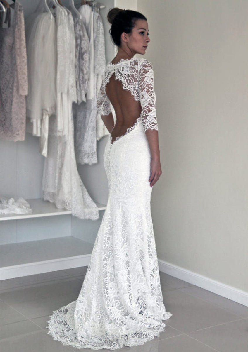 Bateau Keyhole Back Lace Sweep Train Column Wedding Dress
