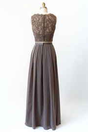 Bateau Lace Tank Chiffon Two-Piece Bridesmaid Dress Buttons