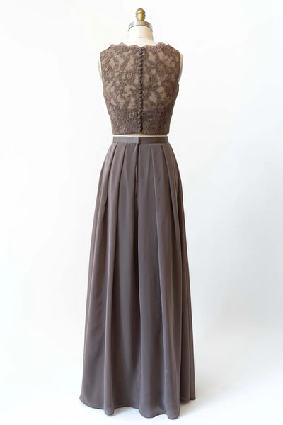 Bateau Lace Tank Chiffon Two-Piece Bridesmaid Dress Buttons
