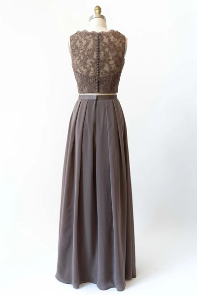 Bateau Lace Tank Chiffon Two-Piece Bridesmaid Dress Buttons 