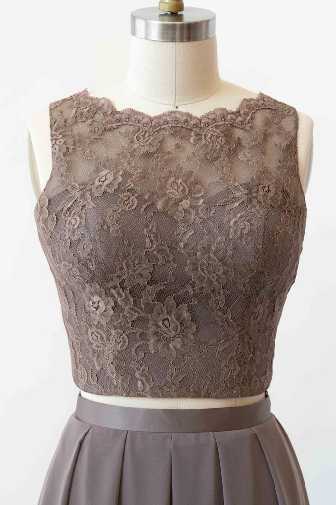 Bateau Lace Tank Chiffon Two-Piece Bridesmaid Dress Buttons