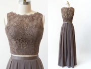 Bateau Lace Tank Chiffon Two-Piece Bridesmaid Dress Buttons
