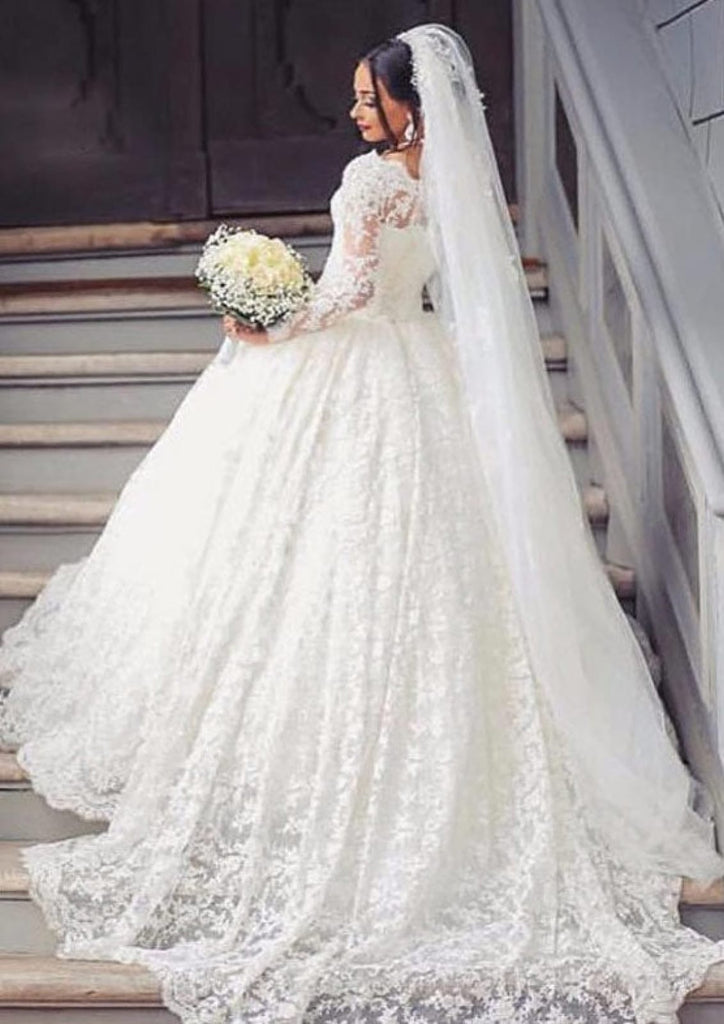 Bateau Long Sleeve Court Train Lace Ball Gown Wedding Dress