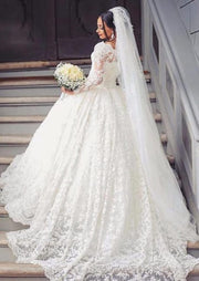 Bateau Long Sleeve Court Train Lace Ball Gown Wedding Dress