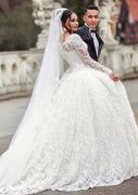 Bateau Long Sleeve Court Train Lace Ball Gown Wedding Dress