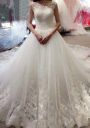 Bateau Cap Sleeve Cathedral Lace Tulle Princess Wedding Dress