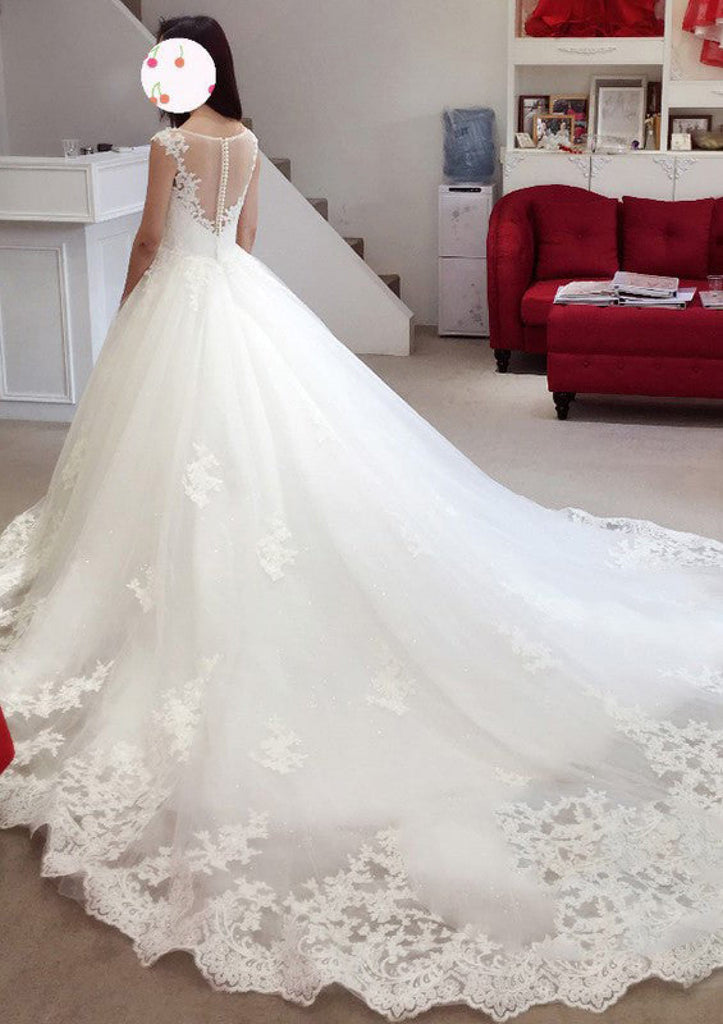Bateau Cap Sleeve Cathedral Lace Tulle Princess Wedding