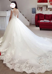 Bateau Cap Sleeve Cathedral Lace Tulle Princess Wedding