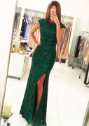 Bateau Split Open Back Sheath Long Green Allover Sequin Evening Dress