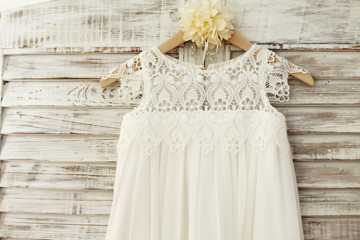 Lace Cap Sleeves Boho Beach Ivory Chiffon Flower Girl Dress