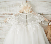 Boho Beach Sheer Neck Ivory Tulle Lace Wedding Flower Girl