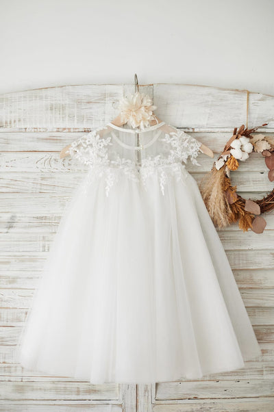 Boho Beach Sheer Neck Ivory Tulle Lace Wedding Flower Girl