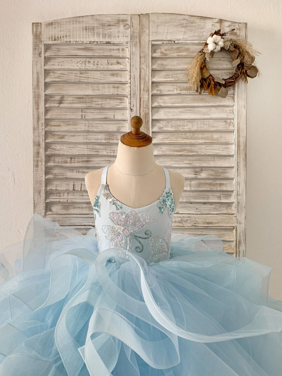 Beaded Butterfly Light Blue Ruffle Tulle Horsehair Flower Girl Dress 2T Beaded Butterfly Light Blue Ruffle Tulle Horsehair Flower Girl Dress 2T