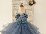Beaded Dusty Blue Polka Dots Tulle Wedding Flower Girl Dress