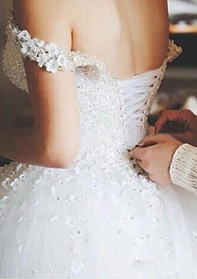 Beaded Flowers Off Shoulder Ball Gown Tulle Wedding Dress -