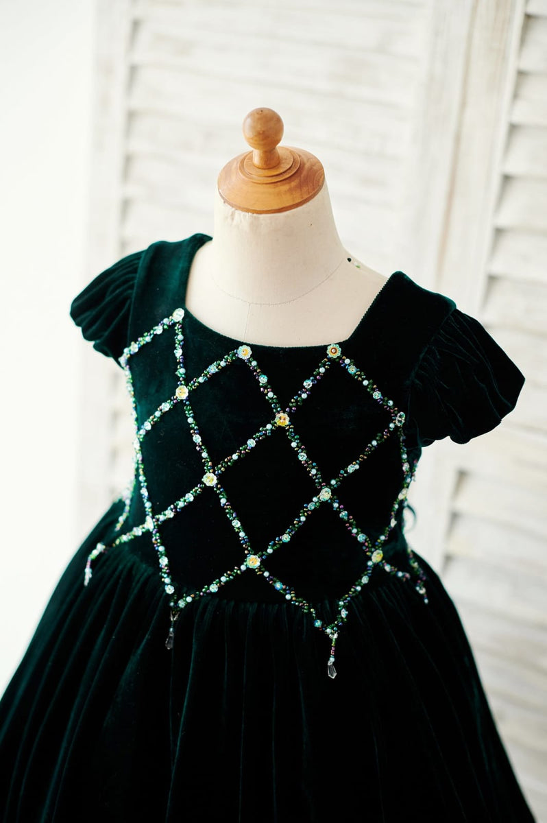Beaded Green Velvet Corset Back Cap Sleeves Wedding Flower Girl Dress -  Princessly