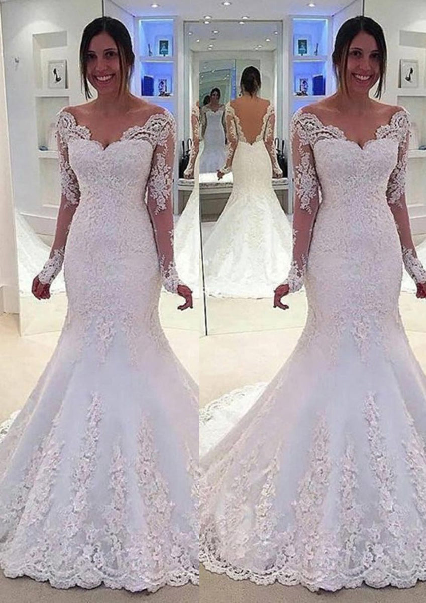 White Lace Overlay Ivory Designer Slit Trumpet Wedding Dress main image 1