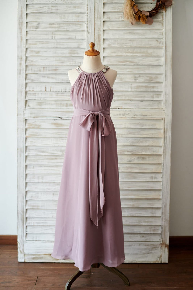 Bateau Neckline Floor-length Junior Bridesmaid Dresses Vintage Mauve