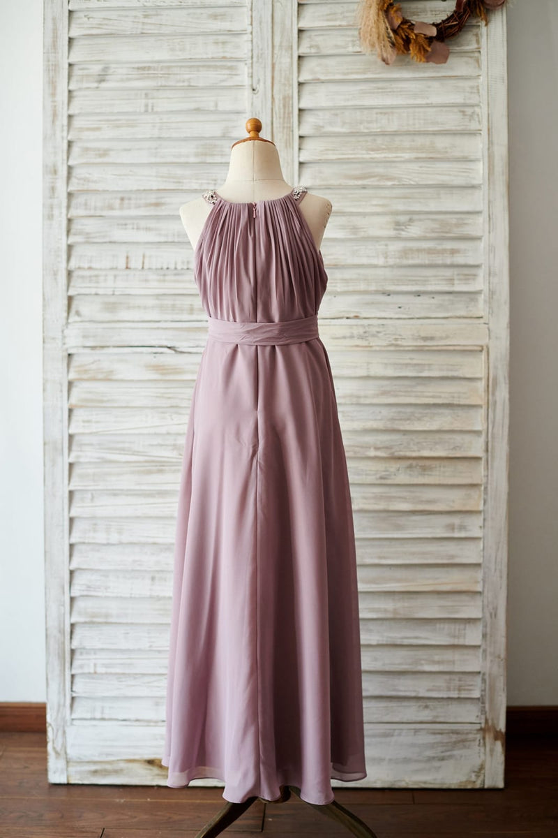 Beaded Mauve Chiffon Floor Length Wedding Junior Bridesmaid Dress 8T