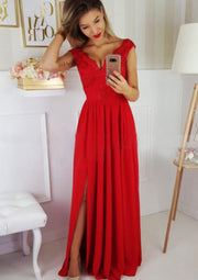 Beaded V Neck Split Pleats Floor Length Lace Satin Red Prom