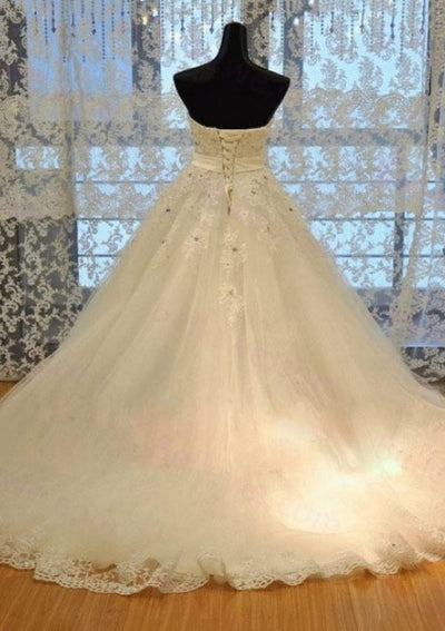 Beaded Princess Sweetheart Chapel Lace Tulle Wedding Dress -