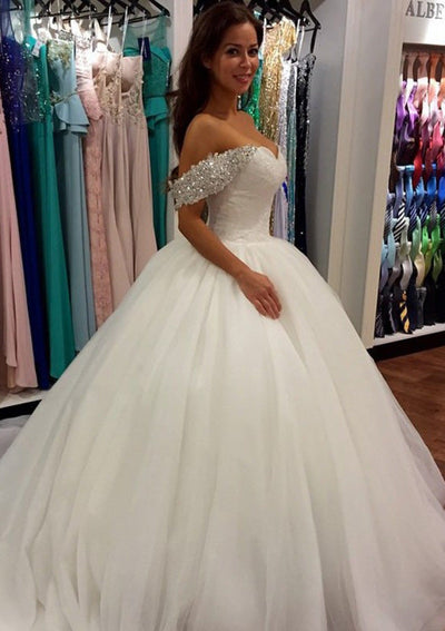 Beaded Off Shoulder Sweetheart Tulle Ball Gown Cathedral