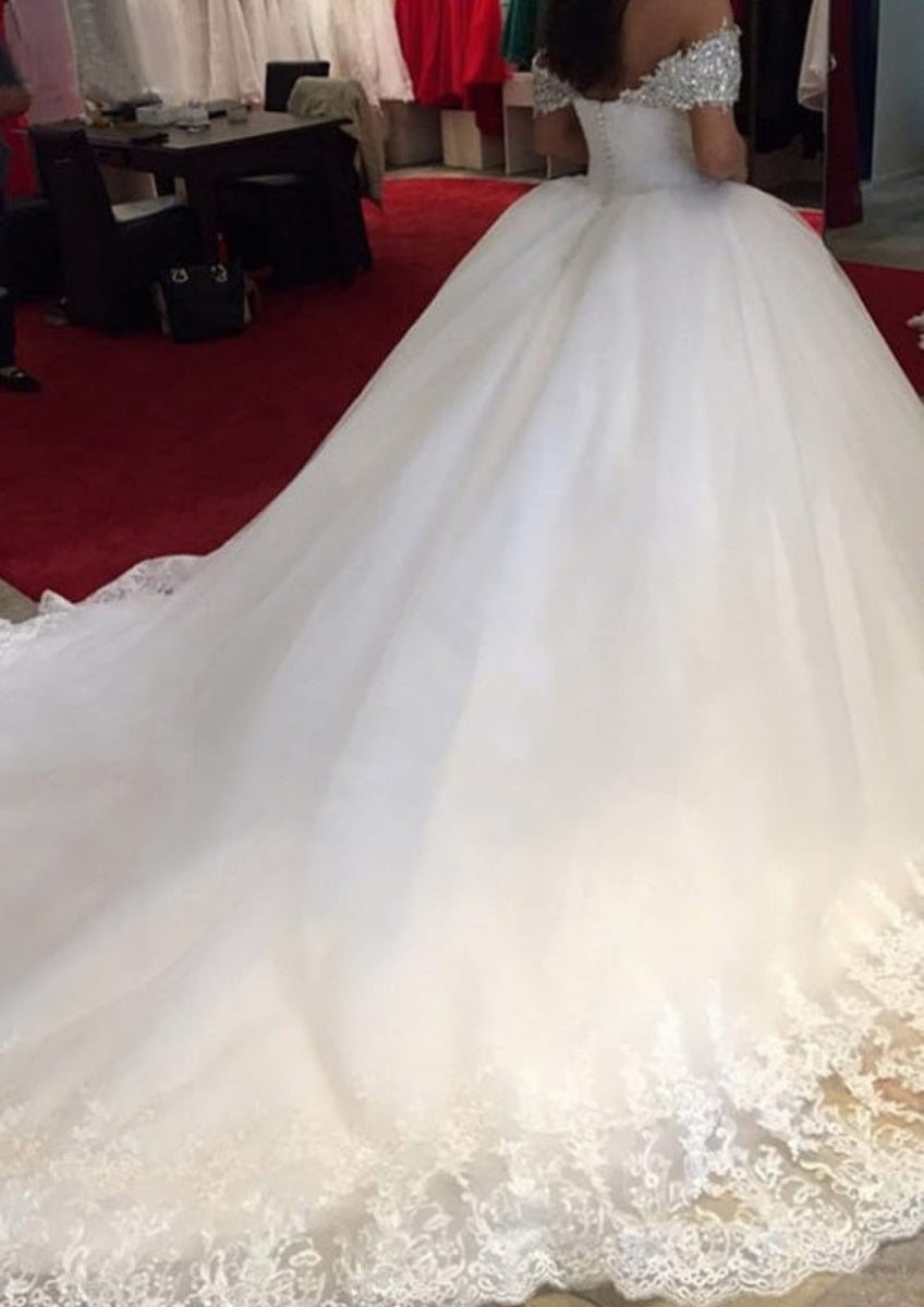 Ball Gown Covered Button Illusion Back Chapel Tulle Wedding Dress, Beaded