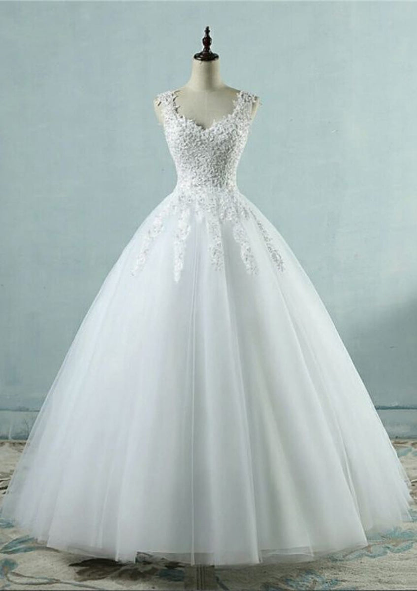 Lace Tulle Bateau Button Ball Gown Bridal Wedding Dress, Beading main image 1