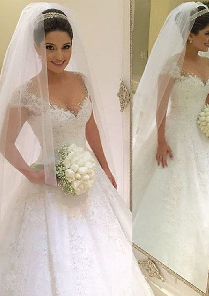 Beading Ball Gown Sweetheart Cap Sleeve Long Lace Wedding