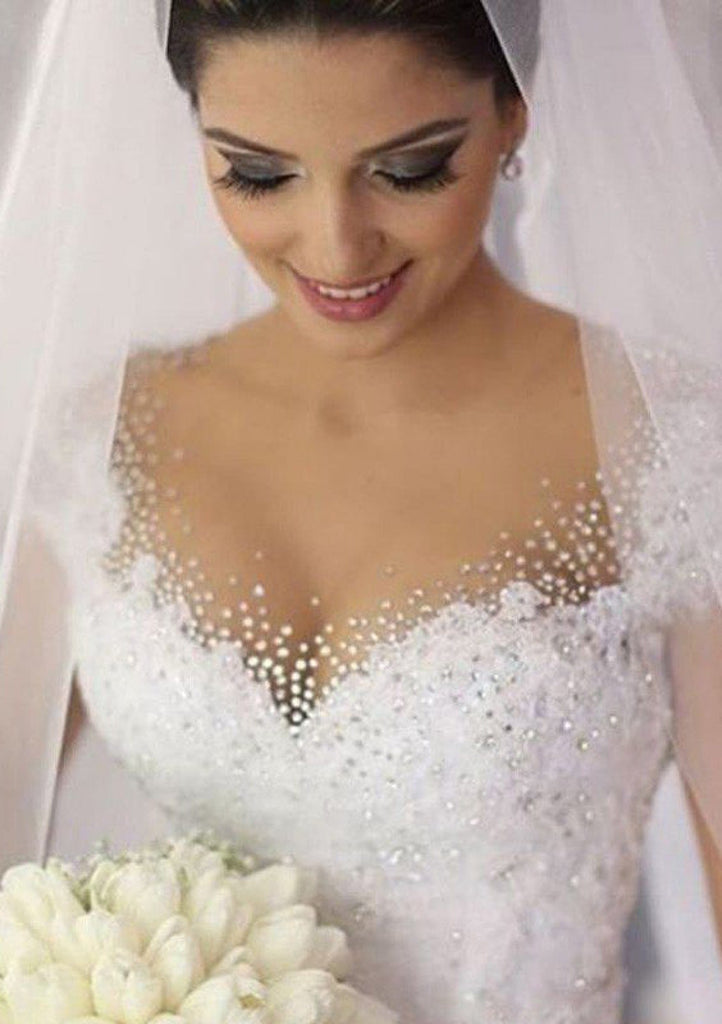 Beading Ball Gown Sweetheart Cap Sleeve Long Lace Wedding