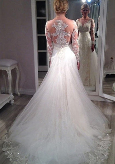 Beading Illusion Neck Long Sleeve Chapel Tulle Wedding Dress