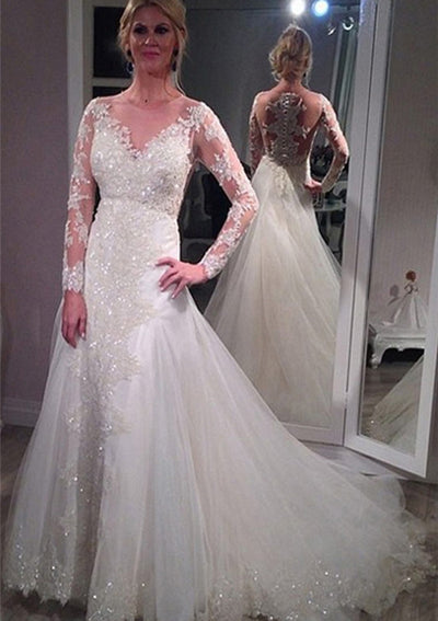 Beading Illusion Neck Long Sleeve Chapel Tulle Wedding Dress