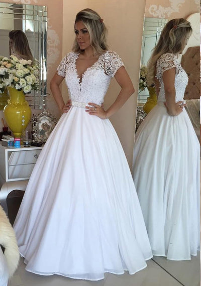 Beading Lace Ball Gown Short Sleeve V-Neck Chiffon Wedding