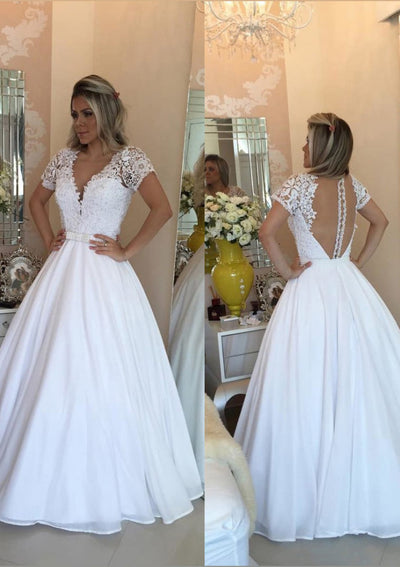 Beading Lace Ball Gown Short Sleeve V-Neck Chiffon Wedding
