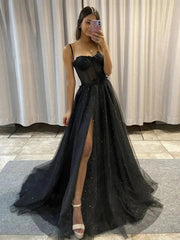 Black Glitter Illusion Corset Straps A-line Split Tulle