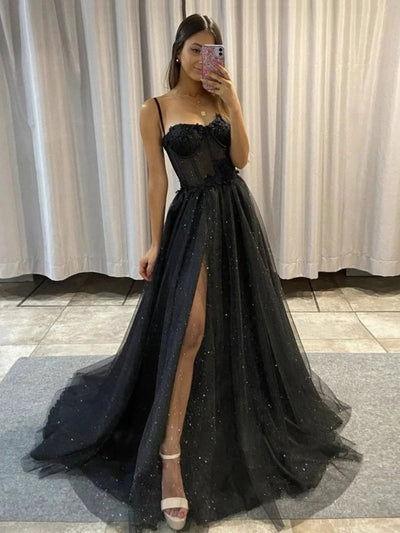 Black Glitter Illusion Corset Straps A-line Split Tulle