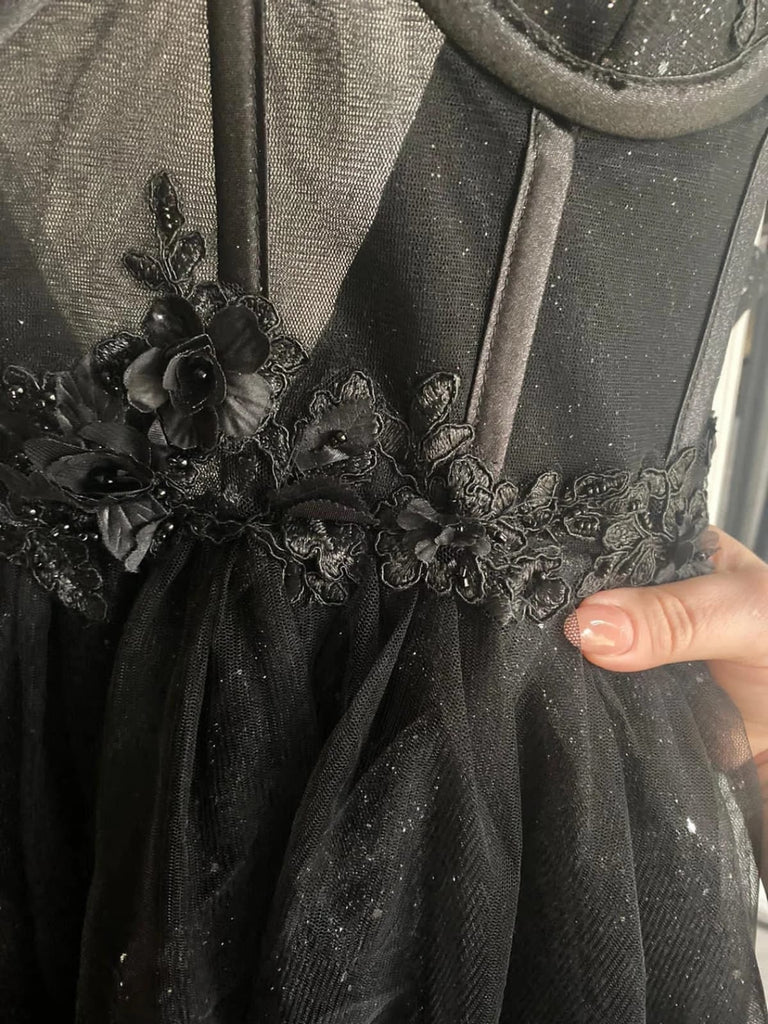 Black Glitter Illusion Corset Straps A-line Split Tulle