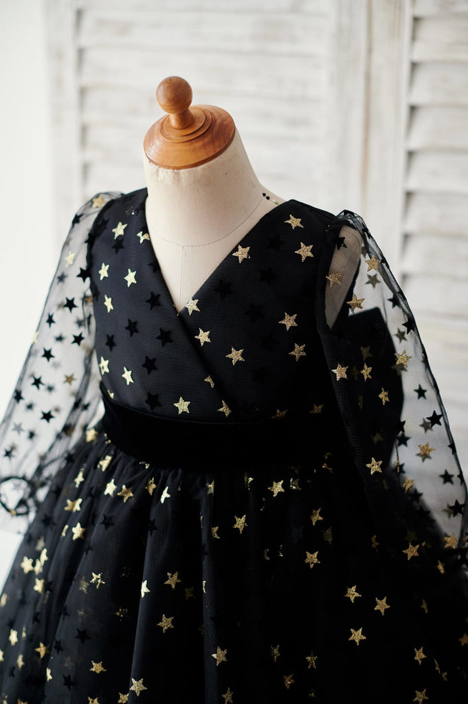 Black Gold Star Tulle V Back Long Sleeves Wedding Flower