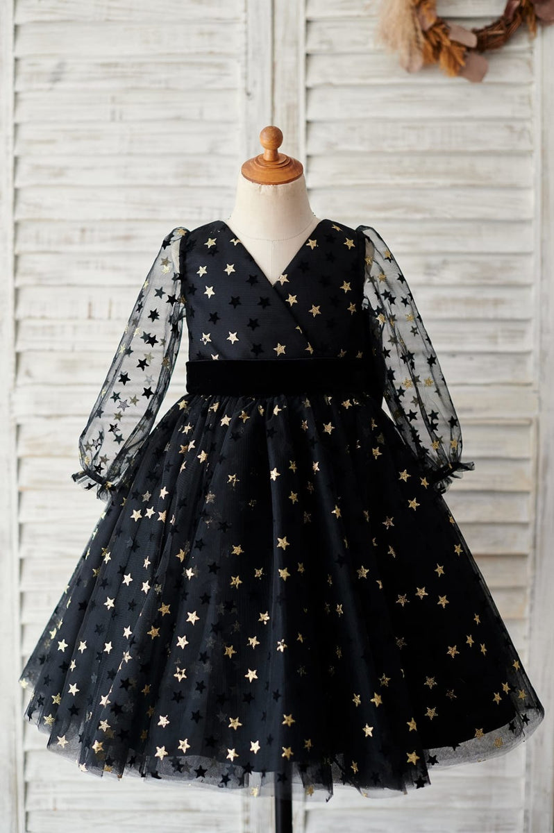 Black Gold Star Tulle V Back Long Sleeves Wedding Flower Girl Dress 3T